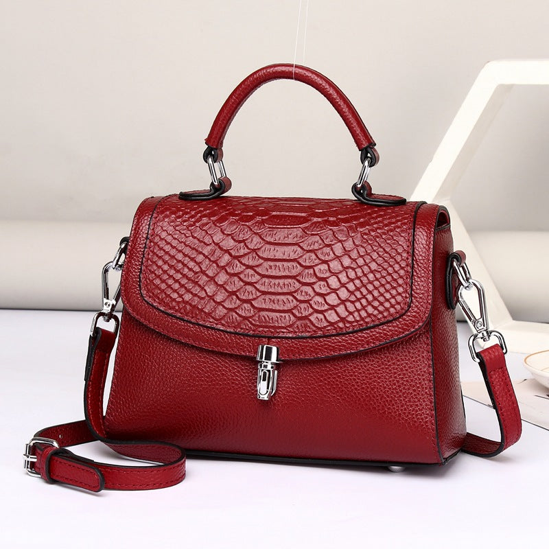 Women's First Layer Cowhide Crocodile Print Small Square Bag – Lock Closure Genuine Leather Crossbody