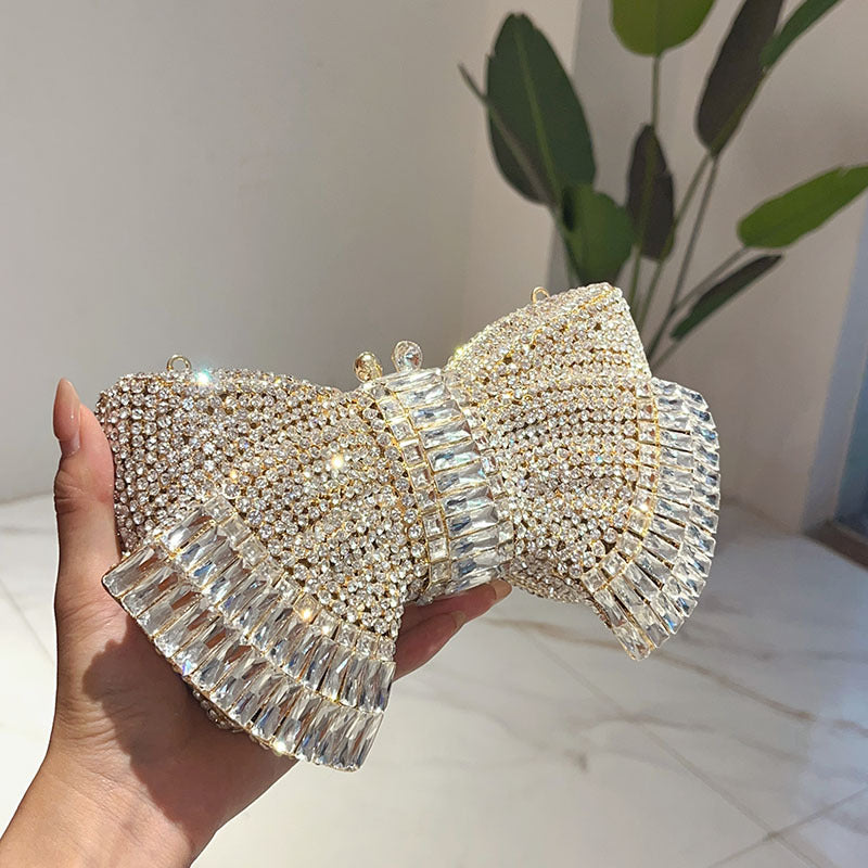 Women's Metal Bow Diamond Clutch – Hard PVC Crossbody Evening Bag