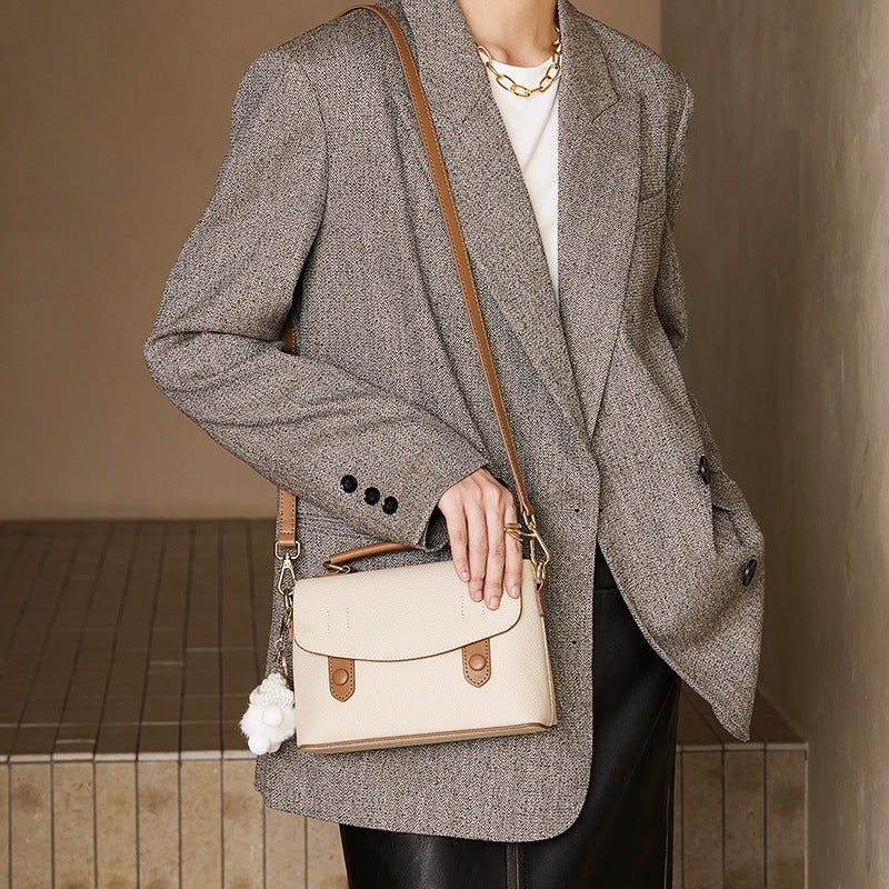 Women's Full-Grain Cowhide Cambridge Bag – Colour Block Genuine Leather Shoulder Bag