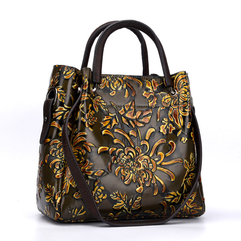 Women's 3D Embossed First Layer Cowhide Messenger Bag – Trendy Leather Crossbody