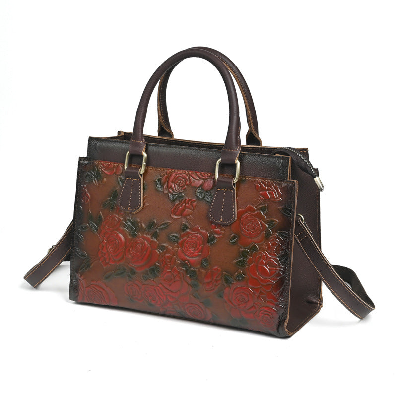 Women's Top-Grain Cowhide Shoulder Bag – Versatile Embossed Pattern Handbag