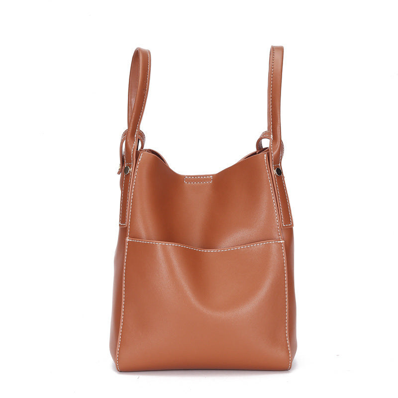 Women's Two-Layer Cowhide Bucket Bag – Soft Leather Mother & Child Shoulder Bag