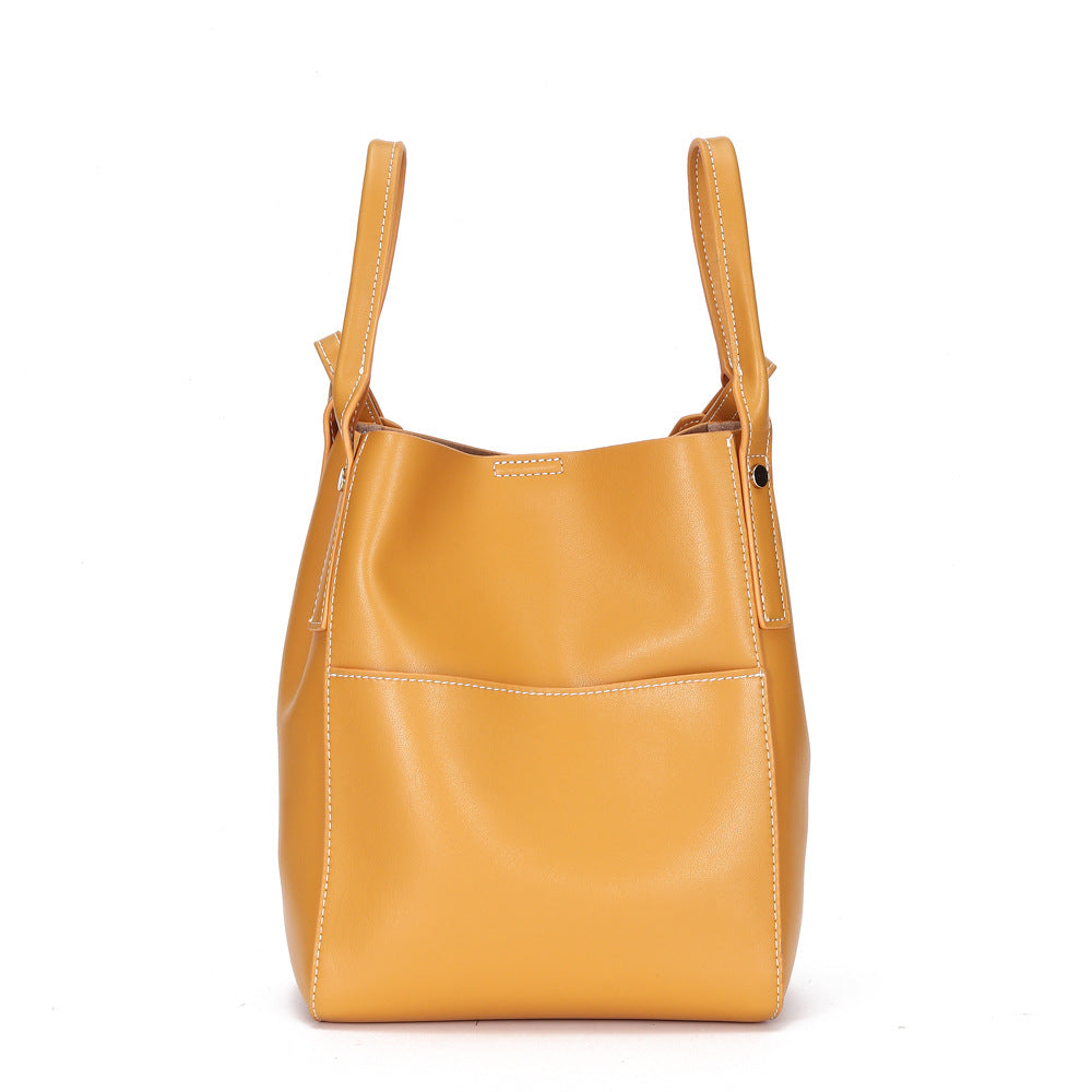 Women's Two-Layer Cowhide Bucket Bag – Soft Leather Mother & Child Shoulder Bag