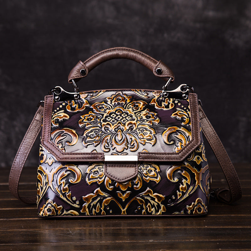 Women's Genuine Leather Floral Embossed Shoulder Bag – Retro National Style Messenger Bag