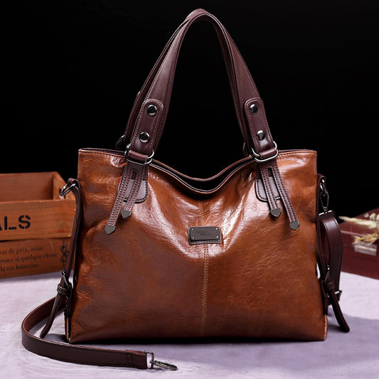 Women's Retro Soft Leather Large Capacity Tote Bag – Casual Shoulder & Crossbody Handbag