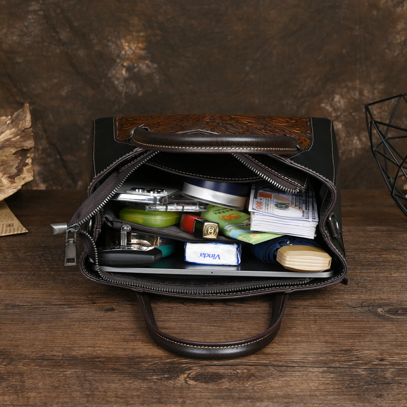 Single-Shoulder Full-Grain Leather Tote Bag – Handcrafted Carved Detail