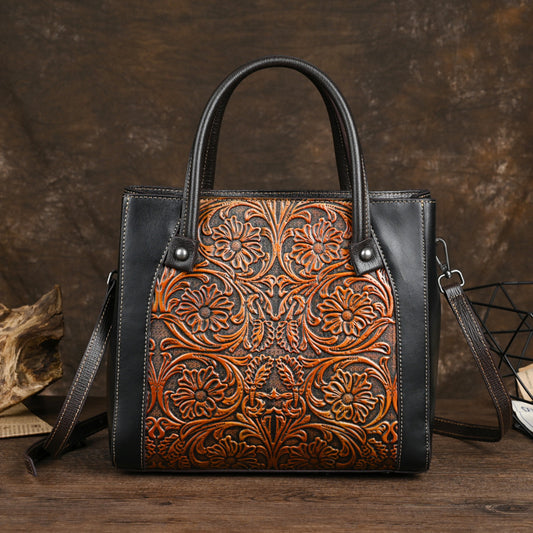 Single-Shoulder Full-Grain Leather Tote Bag – Handcrafted Carved Detail