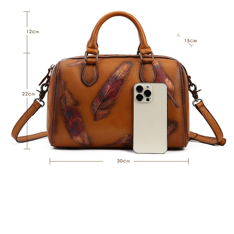 Women's Feather Embossed Leather Casual Bag – Textured Everyday Shoulder Bag
