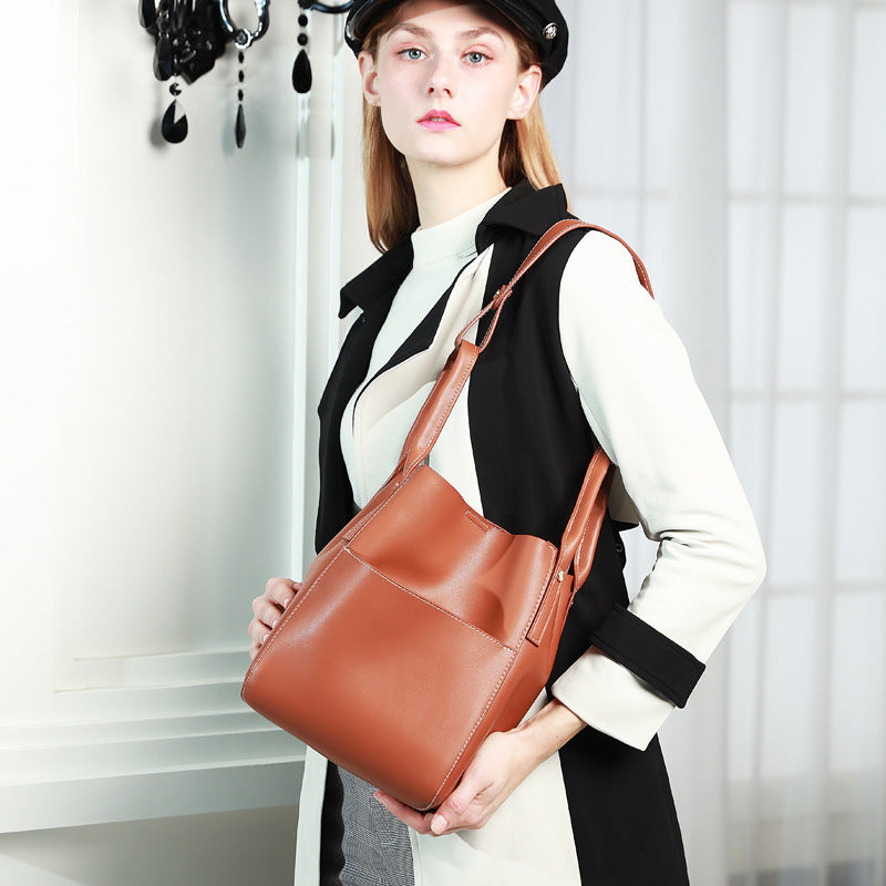 Women's Two-Layer Cowhide Bucket Bag – Soft Leather Mother & Child Shoulder Bag
