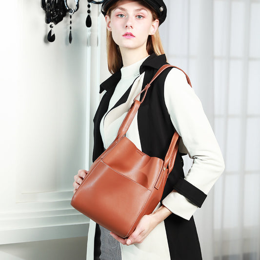 Women's Two-Layer Cowhide Bucket Bag – Soft Leather Mother & Child Shoulder Bag