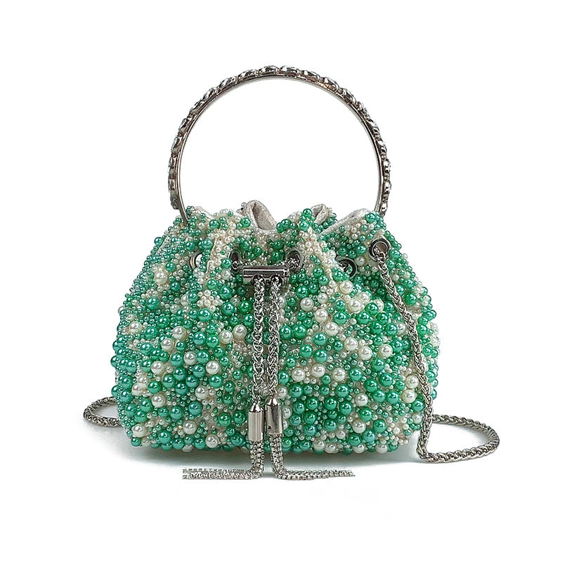 Women's Pearl Bucket Bag – Acrylic Beaded Crossbody with Chain Strap