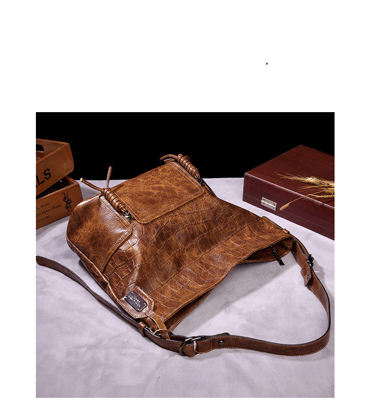 Women's Embossed Genuine Leather Bucket Bag – Retro Underarm Shoulder Crossbody