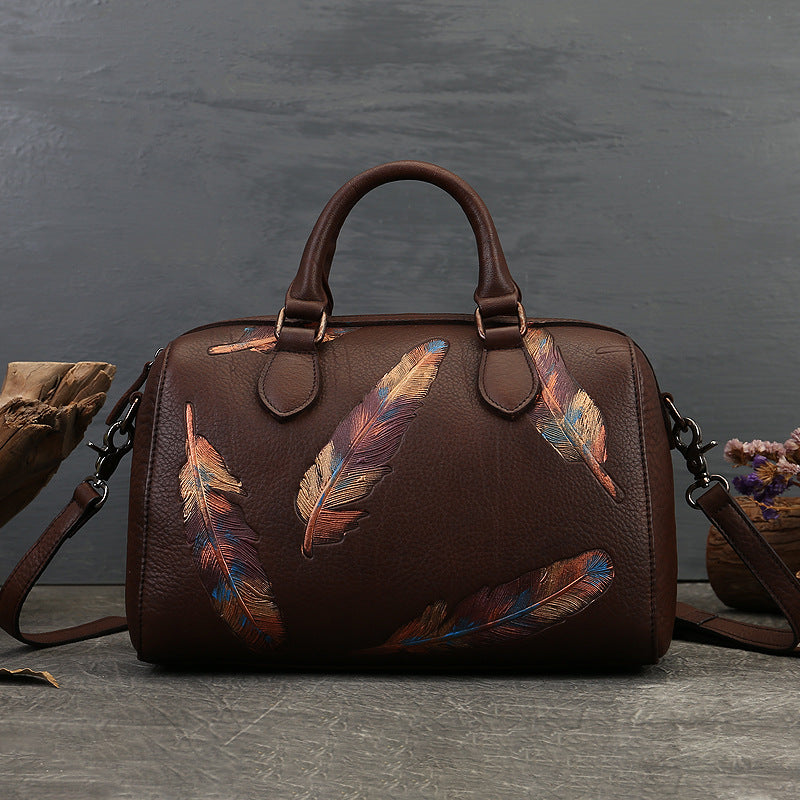 Women's Feather Embossed Leather Casual Bag – Textured Everyday Shoulder Bag