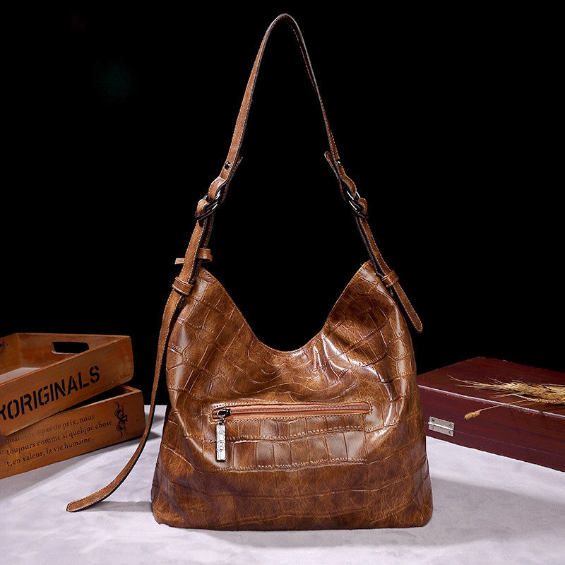 Women's Embossed Genuine Leather Bucket Bag – Retro Underarm Shoulder Crossbody