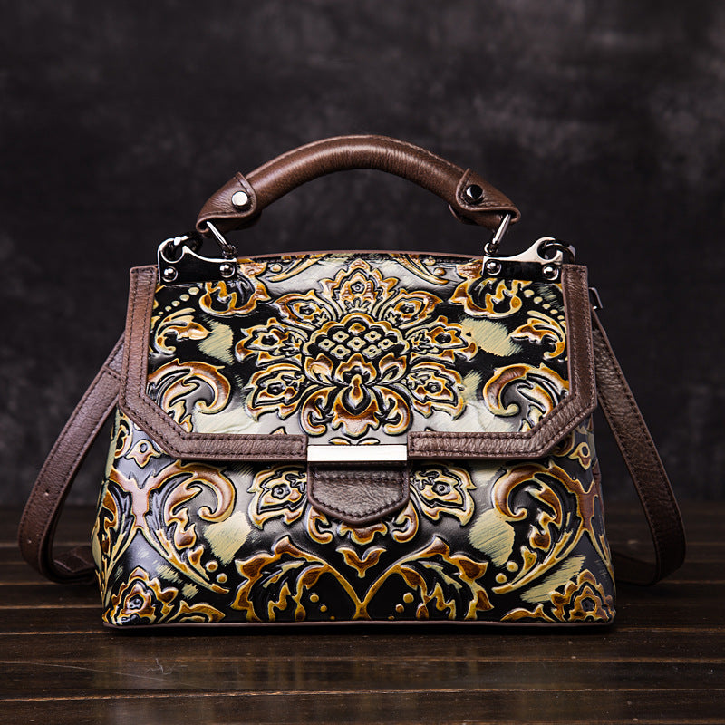 Women's Genuine Leather Floral Embossed Shoulder Bag – Retro National Style Messenger Bag