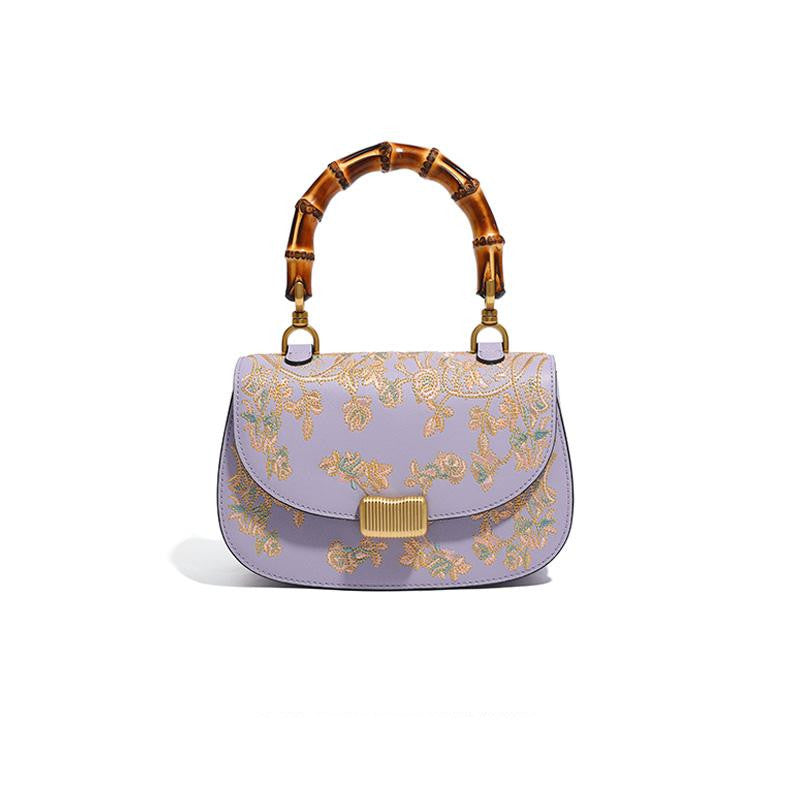 Women's Cowhide Leather Embroidered Bamboo Handbag – Artisan Boho Shoulder Bag
