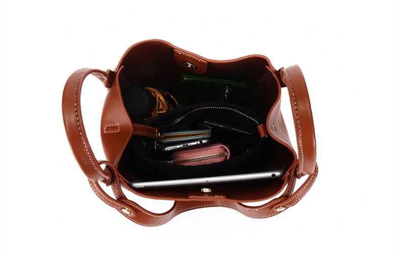 Women's Two-Layer Cowhide Bucket Bag – Soft Leather Mother & Child Shoulder Bag