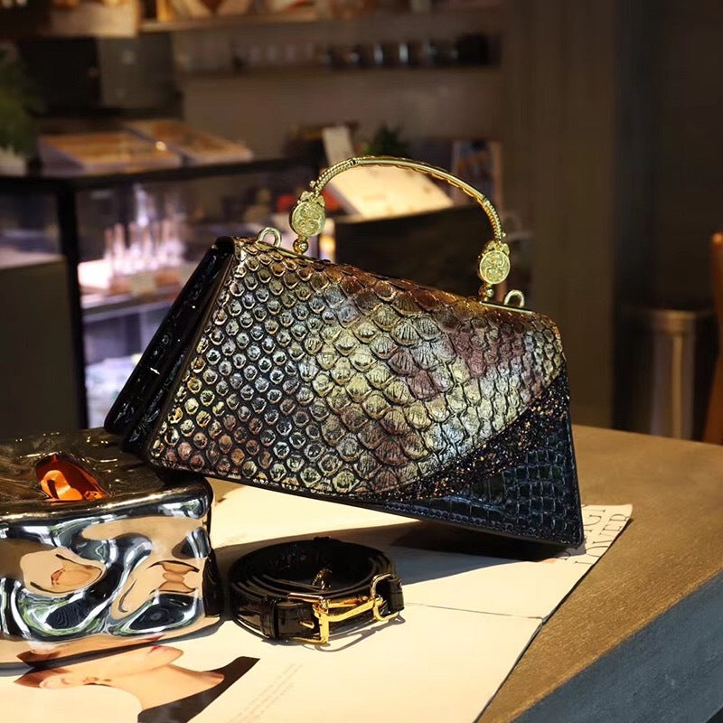Women's Genuine Leather Shoulder Bag – Retro Contrast Colour Crossbody Handbag
