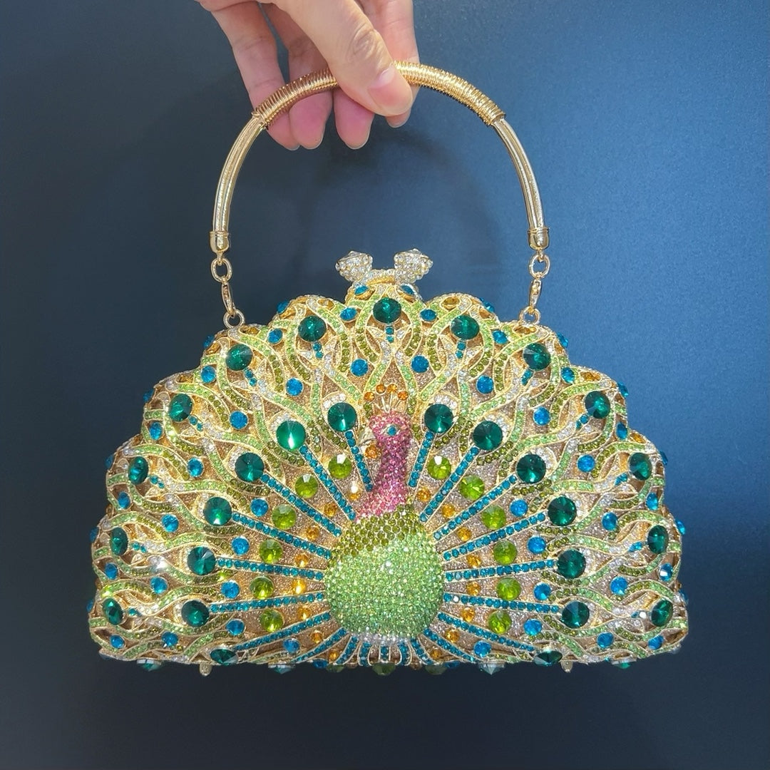 Women's Luxury Peacock Diamond Evening Bag – Alloy Clutch with Chain Strap
