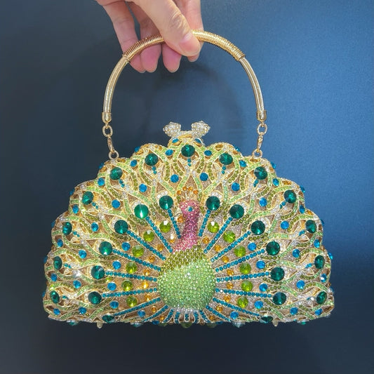Women's Luxury Peacock Diamond Evening Bag – Alloy Clutch with Chain Strap