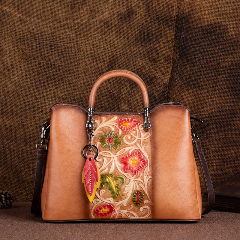 Retro Embossed Genuine Leather Tote Bag – Distressed Large Capacity Shopper