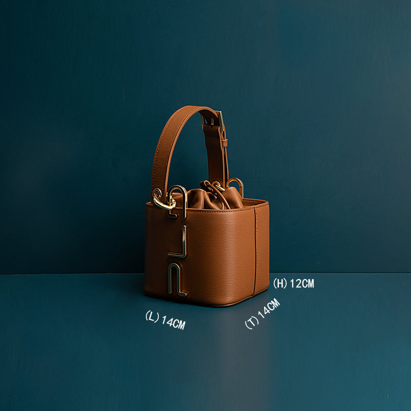 Women's Genuine Cowhide Leather Bucket Bag – Compact Zipper Shoulder Handbag