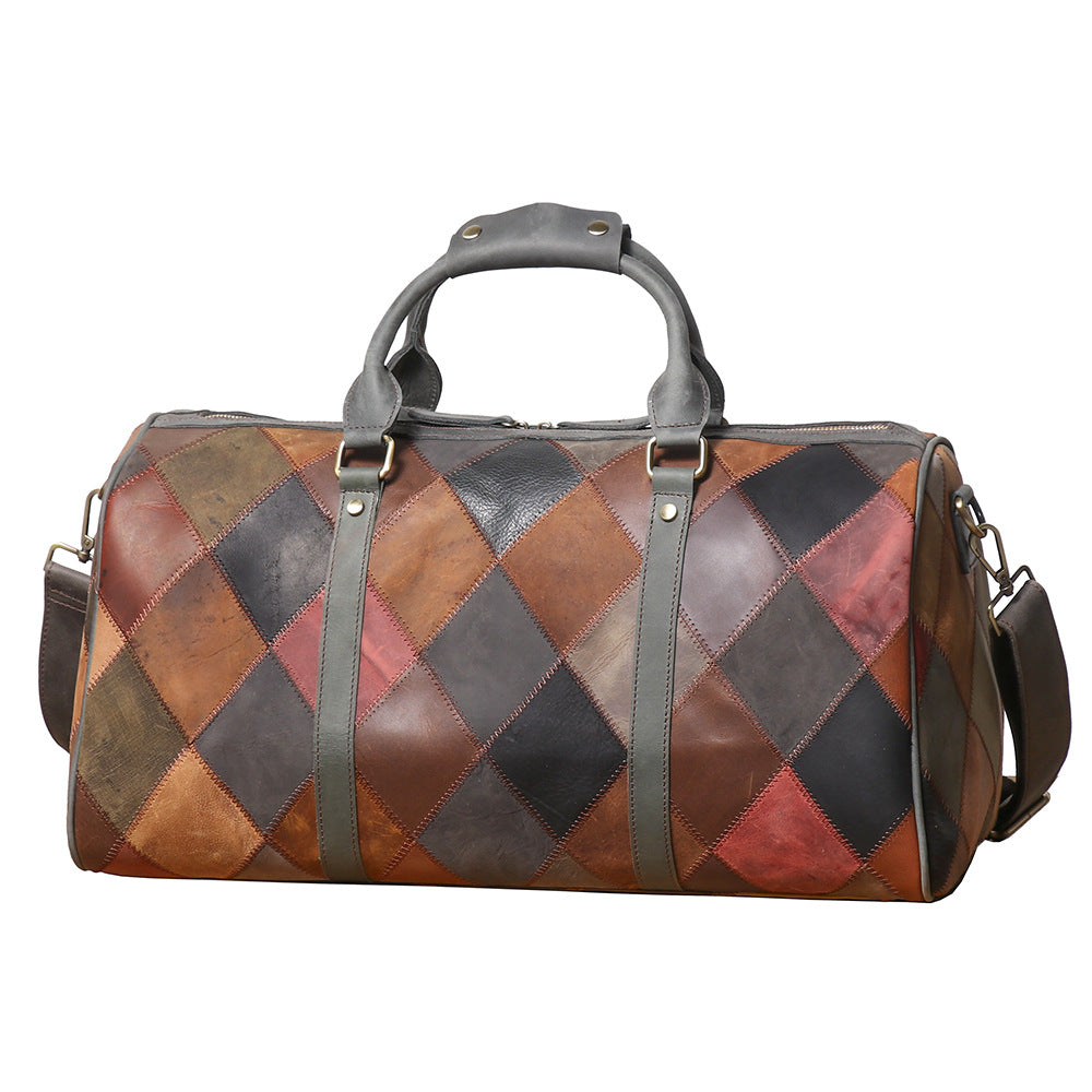 Vintage Genuine Leather Travel Bag – First Layer Cowhide Rhombus Holdall for Men & Women