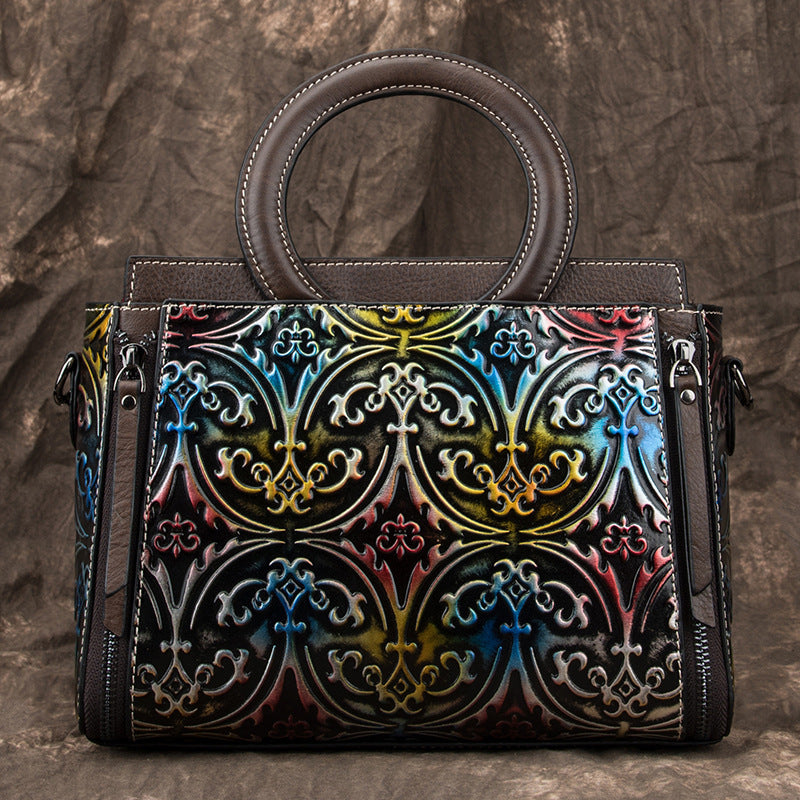 Women's Retro First-Layer Cowhide Embossed Shoulder & Crossbody Bag – Genuine Leather Handbag