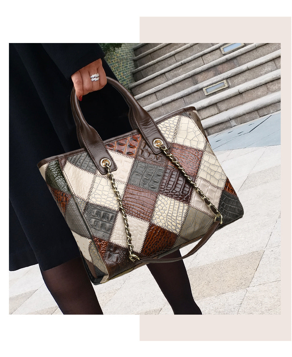 Women's Genuine Leather Contrast Colour Plaid Bag – Light Luxury Trendy Handbag