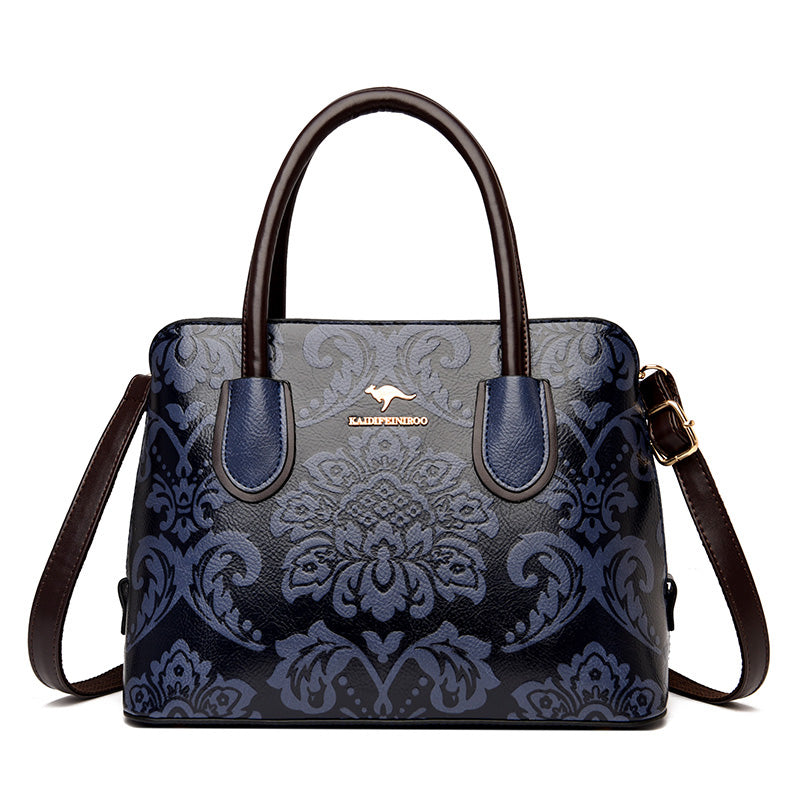 Women's Cowhide Ethnic Floral Embossed Shoulder Bag – Large Genuine Leather Crossbody with Card Bag