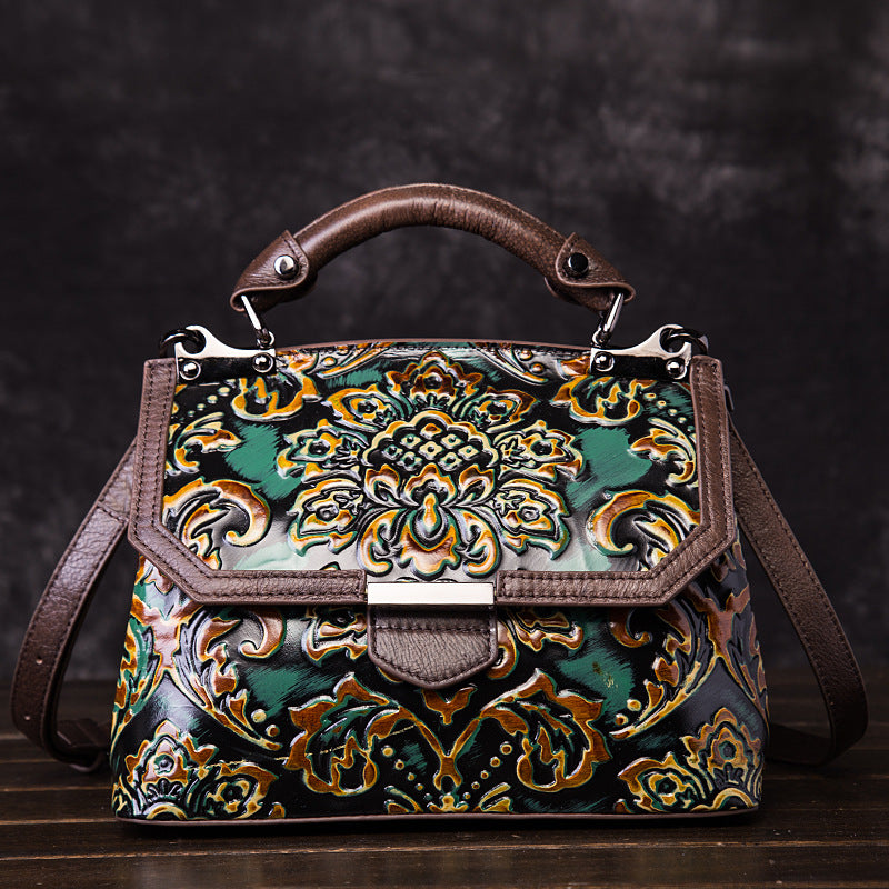 Women's Genuine Leather Floral Embossed Shoulder Bag – Retro National Style Messenger Bag