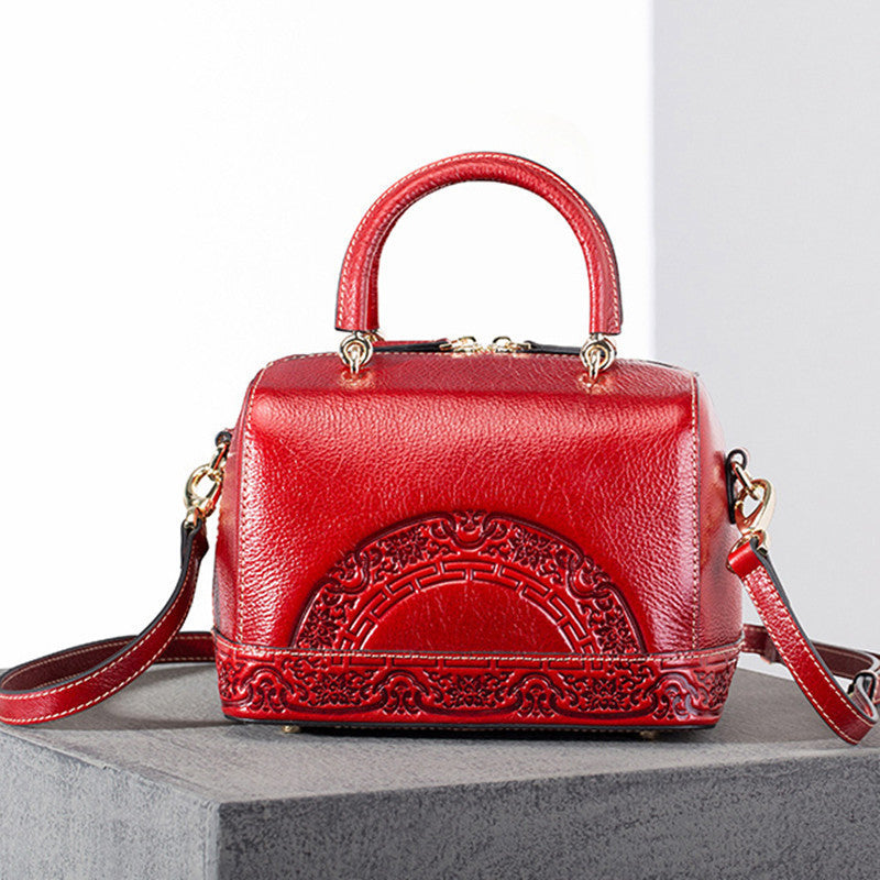Women's Genuine Leather Embossed Handbag – Spring Fashion Street Trend Bag in Red
