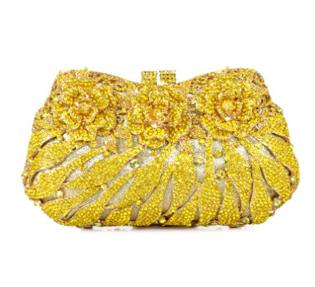 Women's Metal Rose Diamond Crystal Clutch – Hollow Rhinestone Evening Banquet Bag