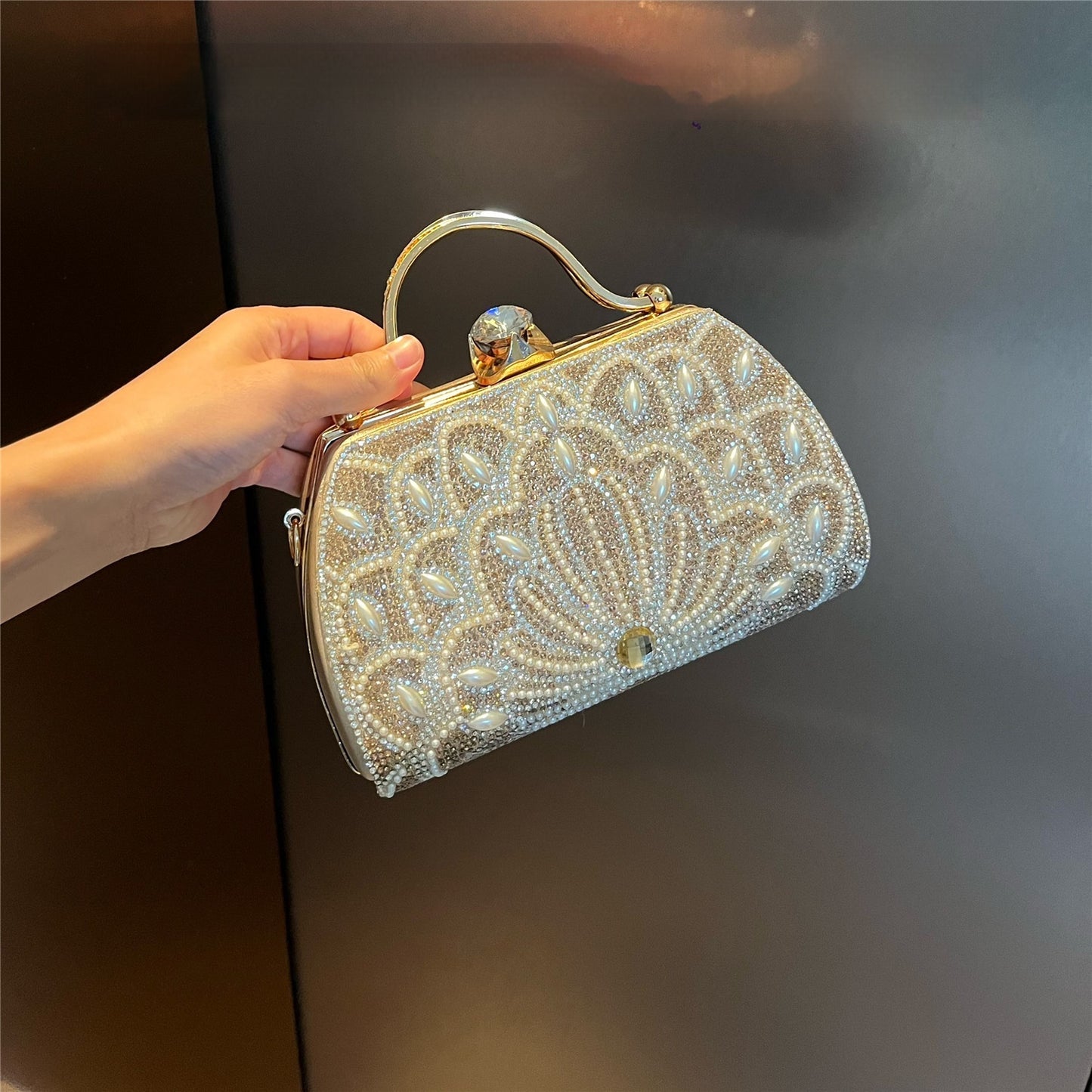 Women's Rhinestone Carved Banquet Bag – Alloy Evening Clutch with Floral Design