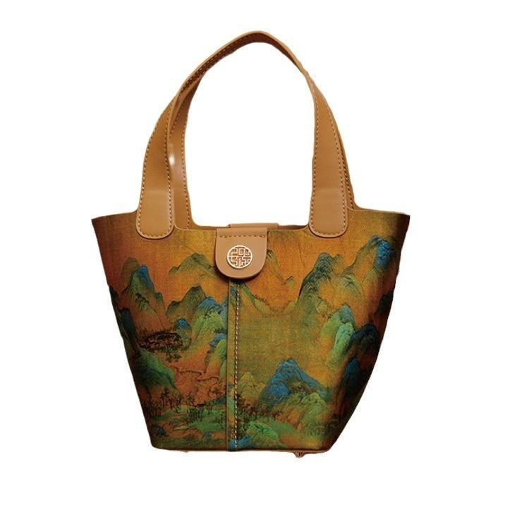 Women's Silk Chinese Style Clutch Bag – Tianxu Vegetable Basket Bag with Tassel & Scarf