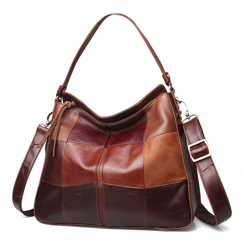 Women's First Layer Cowhide Colour Stitching Bucket Bag – Lacquered Genuine Leather Shoulder Bag