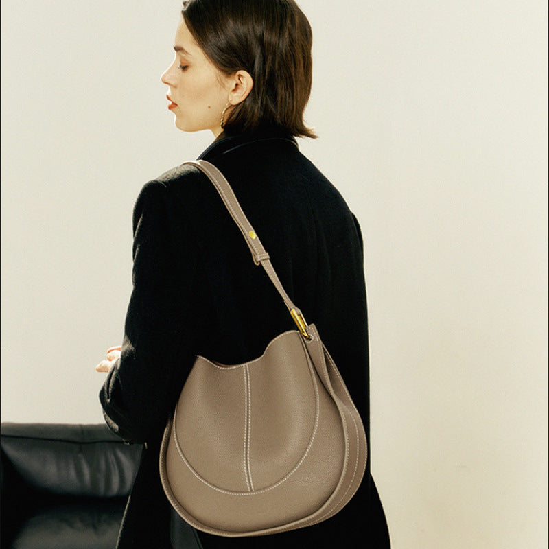 Women's Top Grain Leather Crossbody Bag – Niche Luxury Round Shoulder Handbag