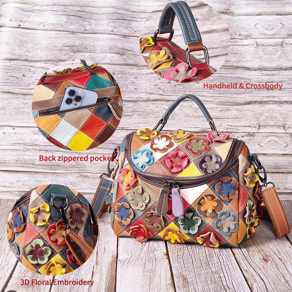 Women's Full-Grain Leather Floral Patchwork Tote Bag – Contrast Colour Quilted Shoulder Bag