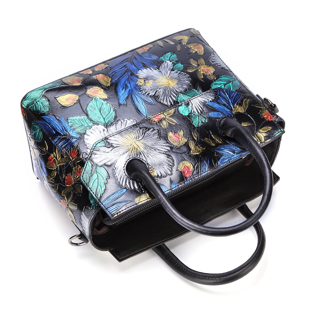 Women's Top Layer Cowhide Hand-painted Retro Handbag – Floral Genuine Leather Shoulder Bag