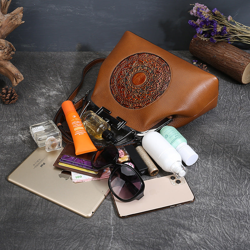 Women's Vintage Totem Embossed Leather Dumpling Bag – Lock Closure Genuine Leather Handbag