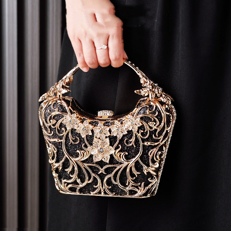 Women's Hollow Out Floral Banquet Bag – Shiny PU Bucket Clutch