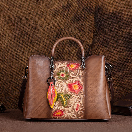 Retro Embossed Genuine Leather Tote Bag – Distressed Large Capacity Shopper