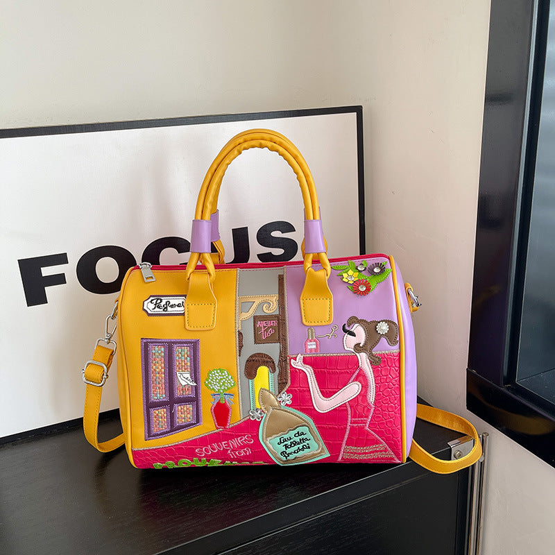 Women's Premium Boston Bag – High-Capacity Embroidered Patchwork Handbag