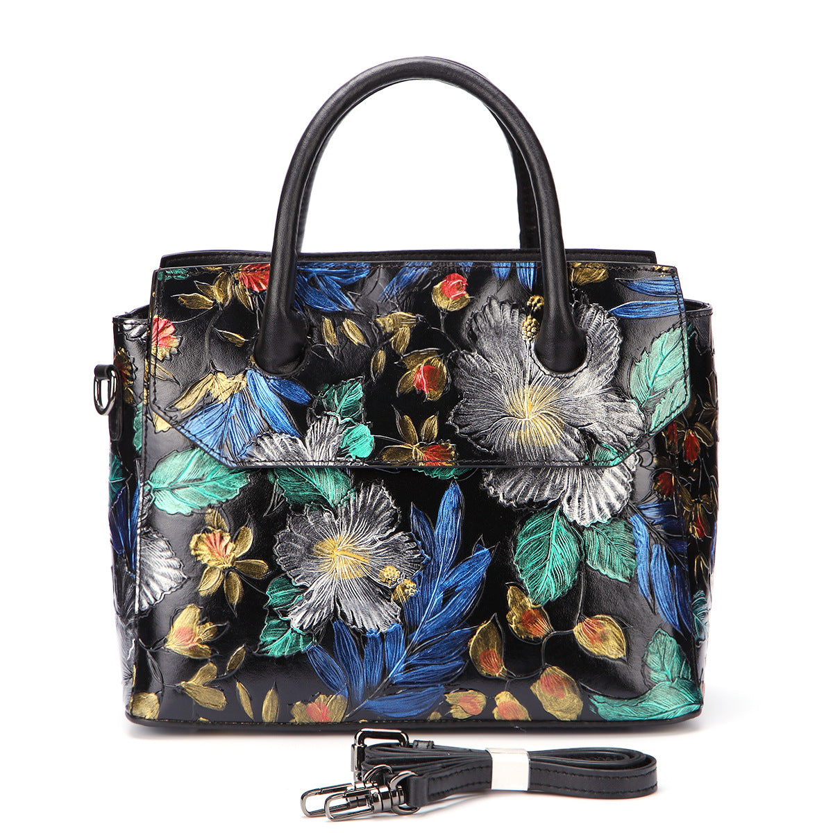 Women's Top Layer Cowhide Hand-painted Retro Handbag – Floral Genuine Leather Shoulder Bag