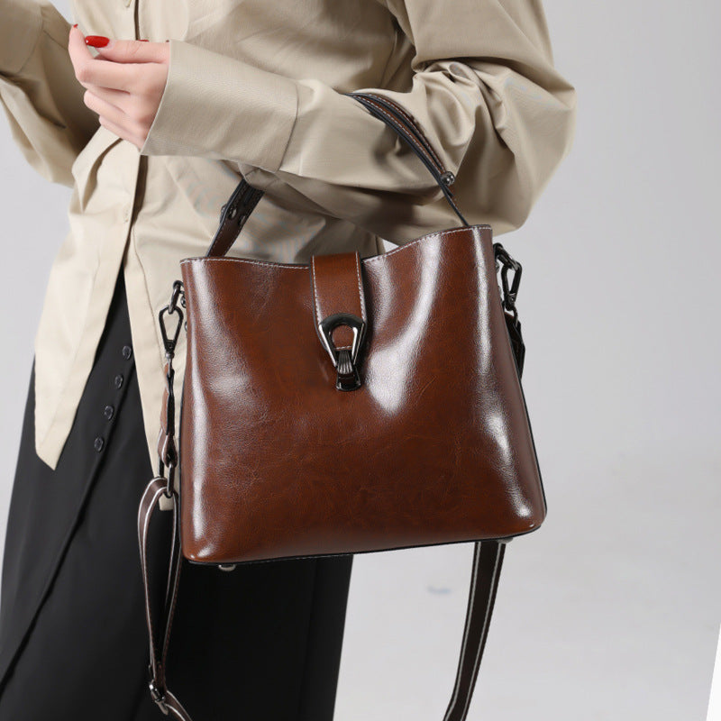 Women's Genuine Leather Bucket Bag – Oil Wax Shoulder & Crossbody Bag