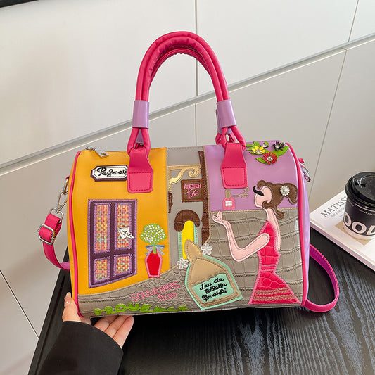 Women's Premium Boston Bag – High-Capacity Embroidered Patchwork Handbag