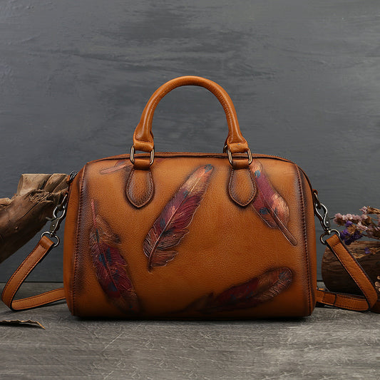 Women's Feather Embossed Leather Casual Bag – Textured Everyday Shoulder Bag