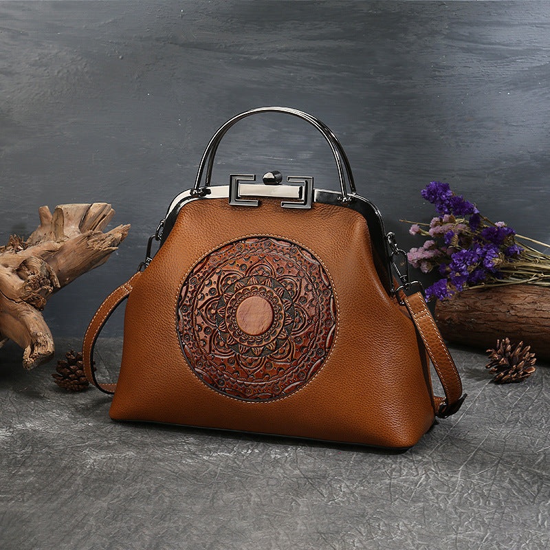 Women's Vintage Totem Embossed Leather Dumpling Bag – Lock Closure Genuine Leather Handbag