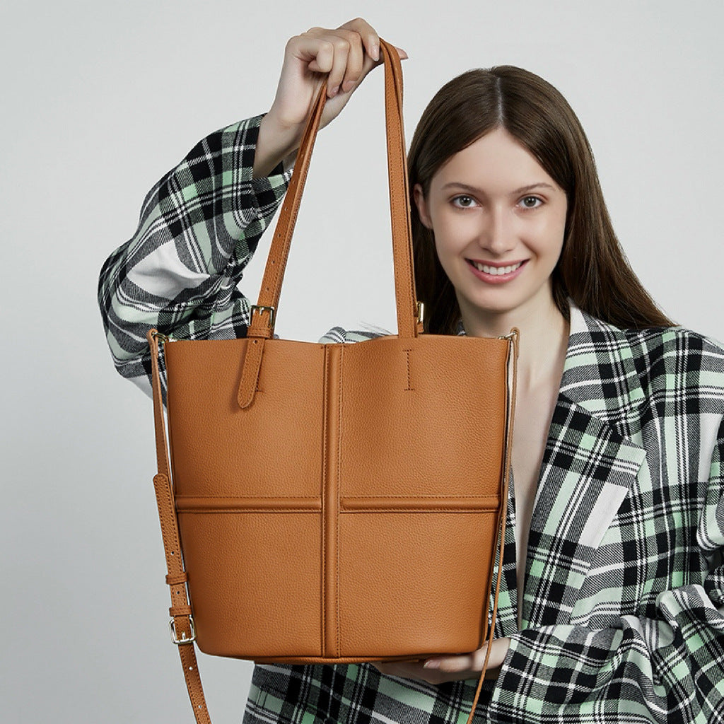 Women's First Layer Cowhide Bucket Bag – Large Genuine Leather Shoulder & Crossbody