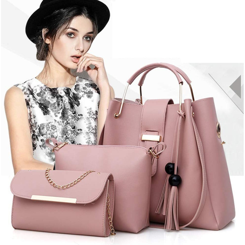 Women's 3-Piece Tassel Handbag Set – Tote, Crossbody & Clutch in Synthetic Leather